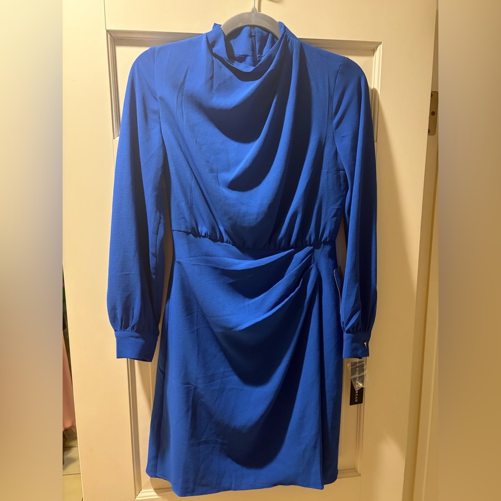 Donna Morgan Cobalt Blue Draped Long-Sleeve Dress, Size 0, New with tags